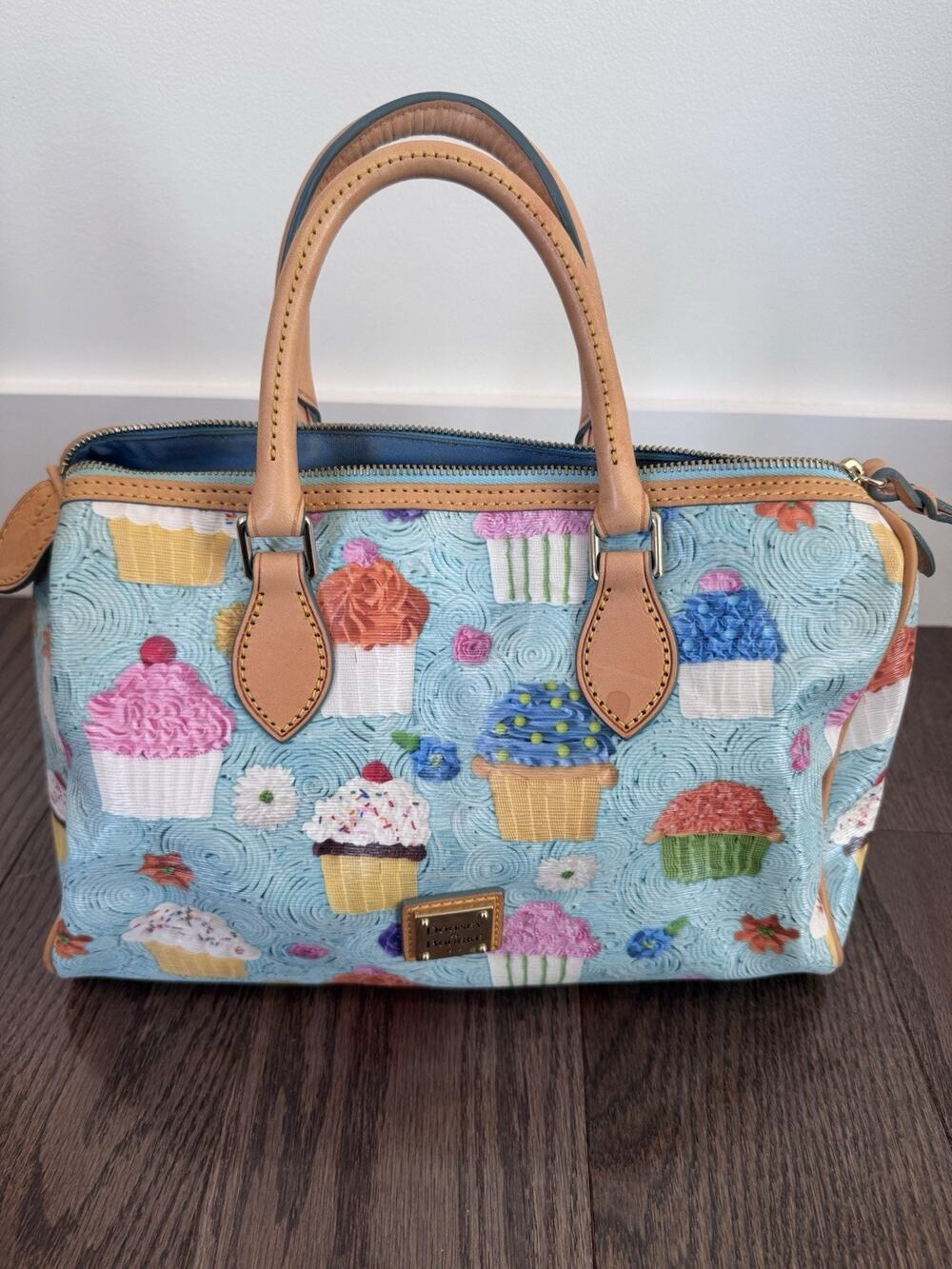 Dooney & Bourke Cupcake Print Barrel Bag Aqua Blue Satchel Crossbody Y2K Rare